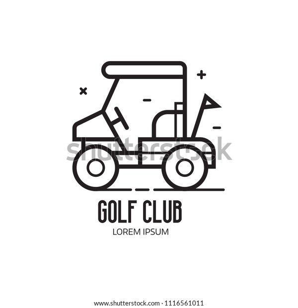 Golf school and club logotype. Golfing\
league logo or emblem with golf cart for golfers on court. Driving\
range icon with golf-club sign in line art\
style.