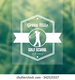 Golf school logo, badge, with golf player, golfer swinging golf club, vector illustration
