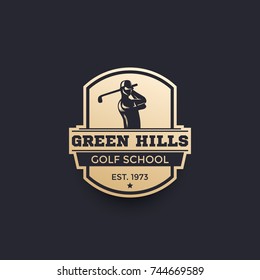 Golf school vector logo, emblem with golfer