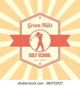 Golf school vintage logo, badge, golf school tetragonal emblem, with girl golfer, female golf player swinging golf club, vector 