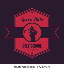 Golf school vintage logo, emblem with golfer swinging club