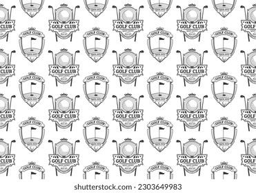 Golf seamless pattern or background with crossed golf clubs and ball on tee. Vintage shield emblem with laurel wreath and ribbon. Sport tournament or championship print design. Vector illustration.