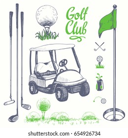 Golf set with basket, shoes, car, putter, ball, gloves, flag, bag. Vector set of hand-drawn sports equipment. Illustration in sketch style on white background. Handwritten ink lettering.