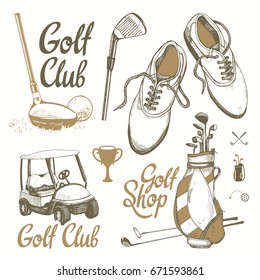 Golf set with basket, shoes, car, putter, ball, gloves, bag. Vector set of hand-drawn sports equipment. Illustration in sketch style on white background. Handwritten ink lettering.