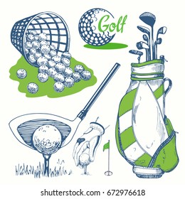 Golf set with basket, shoes, car, putter, ball, gloves, flag, bag. Vector set of hand-drawn sports equipment. Illustration in sketch style on white background. Handwritten ink lettering.