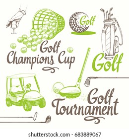 Golf set with basket, shoes, car, putter, ball, gloves, bag. Vector set of hand-drawn sports equipment. Illustration in sketch style on white background. Handwritten ink lettering.