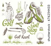 Golf set with basket, shoes, putter, ball, gloves, bag. Vector set of hand-drawn sports equipment. Illustration in sketch style on white background. Handwritten ink lettering.