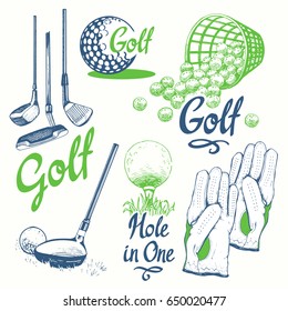 Golf set with basket, shoes, putter, ball, gloves, bag. Vector set of hand-drawn sports equipment. Illustration in sketch style on white background. Handwritten ink lettering.