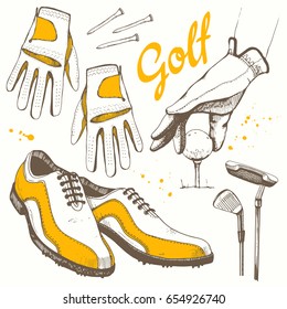 Golf set with basket, shoes, putter, ball, gloves, bag. Vector set of hand-drawn sports equipment. Illustration in sketch style on white background. Handwritten ink lettering.