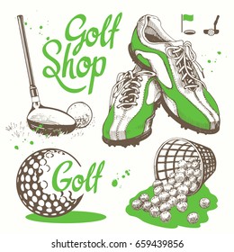 Golf set with basket, shoes, putter, ball, gloves, bag. Vector set of hand-drawn sports equipment. Illustration in sketch style on white background. Handwritten ink lettering.