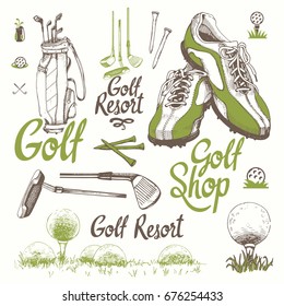 Golf set with basket, shoes, putter, ball, gloves, bag. Vector set of hand-drawn sports equipment. Illustration in sketch style on white background. Handwritten ink lettering.