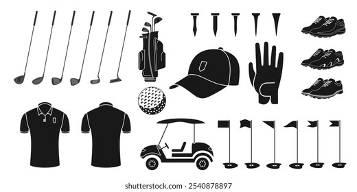 golf set design, simple black solid style, editable vector eps 10.