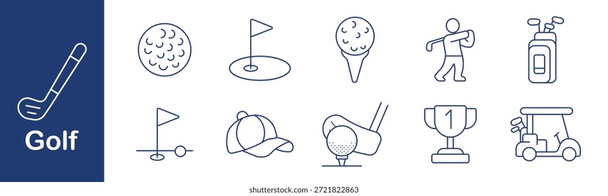 Ícone do jogo de golfe. Bola, buraco, bandeira, árvore, jogador, clube, carrinho, chapéu, balanço, troféu, posição, campo, prática, curso, esporte, lazer, equipamento.