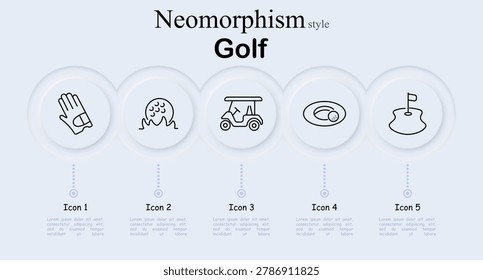 Golf set icon. Golf glove hand wear, golf ball splashing water hazard, golf cart vehicle, ball inside hole cup, green hole with flag. Neomorphic circular buttons