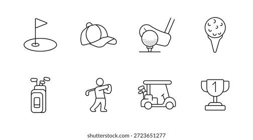 Ícone do jogo de golfe. Bandeira do buraco, boné, bola batendo clube, sorvete, saco com paus, pose de balanço, carrinho, troféu ilustrado no tema recreativo limpo.