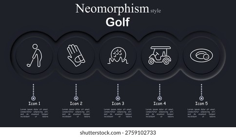 Golf set icon. Neomorphic circular interface line icons with golfer swinging club, sport glove hand gear, golf ball grass, course cart vehicle, hole flag ball. Minimal dark interface layout
