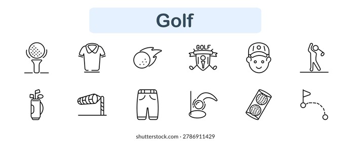 Golf set icon. Tee ball, shirt, fast ball, emblem, player, swing, bag, wind sock, shorts, hole, balls pack, trajectory, sport, competition, equipment, outdoor activity.