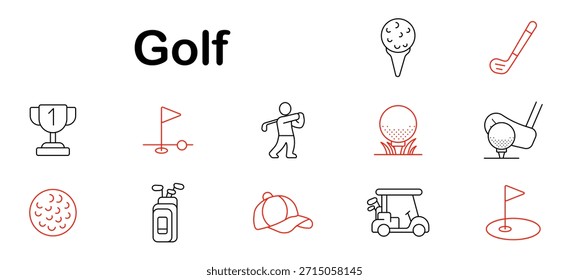 Icono de conjunto de golf. Trofeo, pelota de golf, bandera, golfista, Carrito, sombrero, club, bolso, swing, tee, agujero, curso, deportista, equipo, precisión, drive, competencia, ocio, juego.