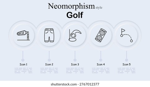 Golf set icon. Wind direction sock flag, golfer shorts clothing, ball dropping into hole splash, golf balls egg carton pack, flag with ball trajectory path. Neomorphic circular buttons