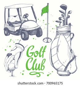 Golf set with shoes, car, putter, ball, gloves, flag, bag. Vector set of hand-drawn sports equipment. Illustration in sketch style on white background. Handwritten ink lettering.