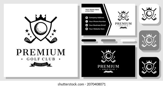 Golf Shield Crown Club Ball Emblem Sport Ribbon Champion Logo Design with Business Card Template