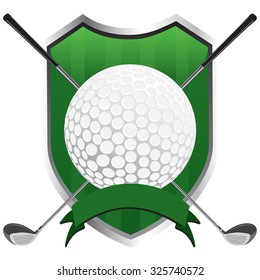 Golf Shield InsigniaA golf ball with two golf clubs with a ribbon banner for text over a glossy striped shield. All of the artwork is on separate labeled layers.