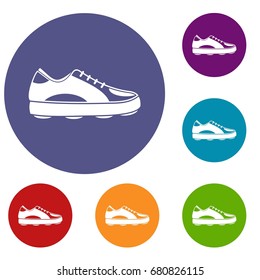 Golf shoe icons set in flat circle red, blue and green color for web