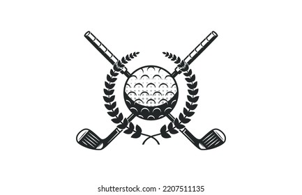 Golf sign, logo. Crossed golf clubs with ball and wheat wreath. Label, badge, poster for Golf team, club, championship. Golf logo. Vector illustration