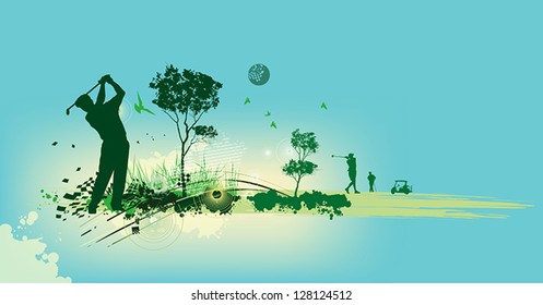 Golf Silhouettes In Blue Background