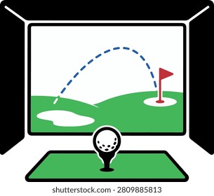 Golf simulator ball trajectory icon with virtual course screen vector illustration