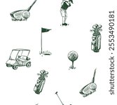 Golf sketch seamless pattern. Sports tools vector illustration. Hand drawn vintage style, isolated