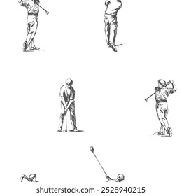 Boceto de golf sin patrón. Ilustración vectorial de herramientas deportivas. Estilo vintage dibujado a mano, aislado