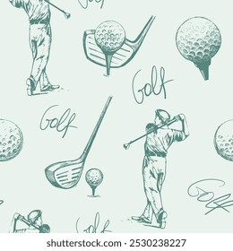 Golf sketch seamless pattern. Sports tools vector illustration. Hand drawn vintage style, isolated