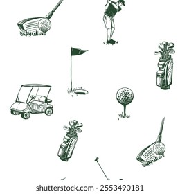 Golf sketch seamless pattern. Sports tools vector illustration. Hand drawn vintage style, isolated