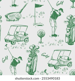 Golf sketch seamless pattern. Sports tools vector illustration. Hand drawn vintage style, isolated