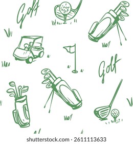 Golf sketch seamless pattern. Sports tools vector illustration. Hand drawn vintage style, isolated