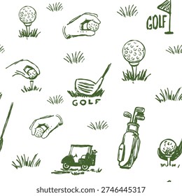 Golf sketch seamless pattern. Sports tools vector illustration. Hand drawn vintage style, isolated