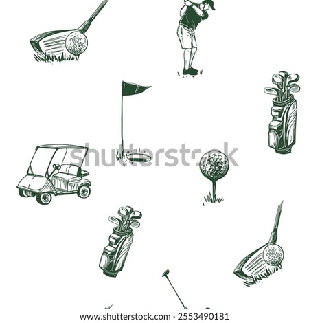 Golf sketch seamless pattern. Sports tools vector illustration. Hand drawn vintage style, isolated