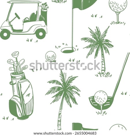 Golf sketch seamless pattern. Sports tools vector illustration. Hand drawn vintage style, isolated