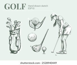 Conjunto de croquis de golf. Ilustración vectorial de herramientas deportivas. Estilo vintage dibujado a mano, aislado