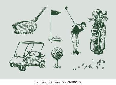 Golf sketch set. Sports tools vector illustration. Hand drawn vintage style, isolated