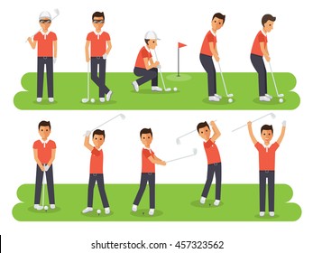 Golf sport athletes, golf players playing, teeing off and putting with golf club. Flat design people characters.