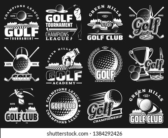 Golf Sport Club And Championship Or League Tournament Icons. Vector Golf Team Academy Badges Of Ball And Stick, Putter Green And Victory Champion Cup, Tee And Caddy Cart