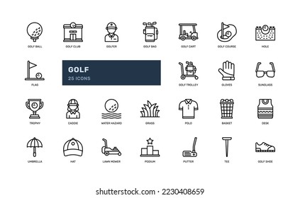 golf sport competition detailed outline icon with golfer, ball, cap, hole, more. simple vector illustration