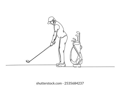 Golf sport continuous one line drawing. professional golfer and golf bag in single line art illustration. Editable vector.  