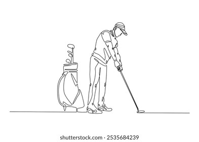 Golf sport continuous one line drawing. professional golfer and golf bag in single line art illustration. Editable vector.  