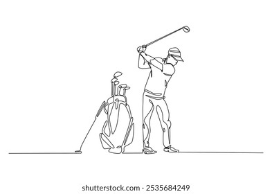 Dibujo continuo de una línea de deporte de golf. golfista profesional y bolsa de golf en ilustración de arte de una sola línea. Vector editable.  