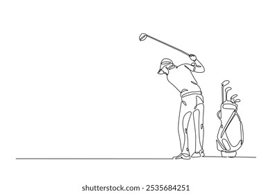 Esporte de golfe contínuo um desenho de linha. golfista profissional e saco de golfe em ilustração de arte de linha única. Vetor editável.  