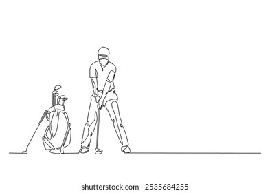 Golf sport continuous one line drawing. professional golfer and golf bag in single line art illustration. Editable vector.  