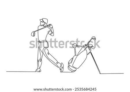 Golf sport continuous one line drawing. professional golfer and golf bag in single line art illustration. Editable vector.  